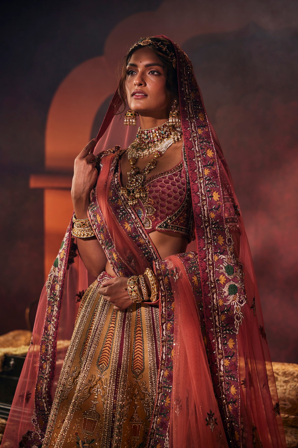 Amber Gold & Wine Embroidered Lehenga
